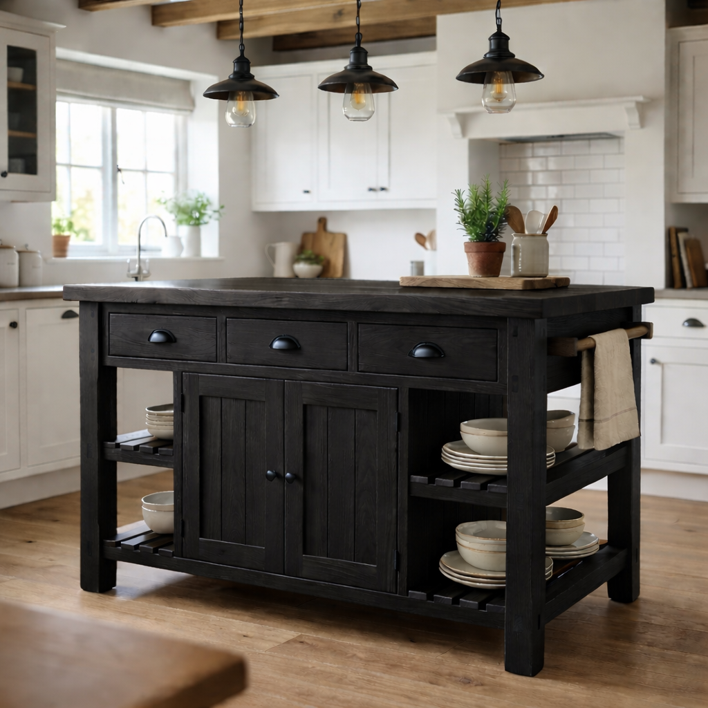 Farmhouse Solid Wood Kitchen Island with 3 Drawers, Cabinet and Open Shelves