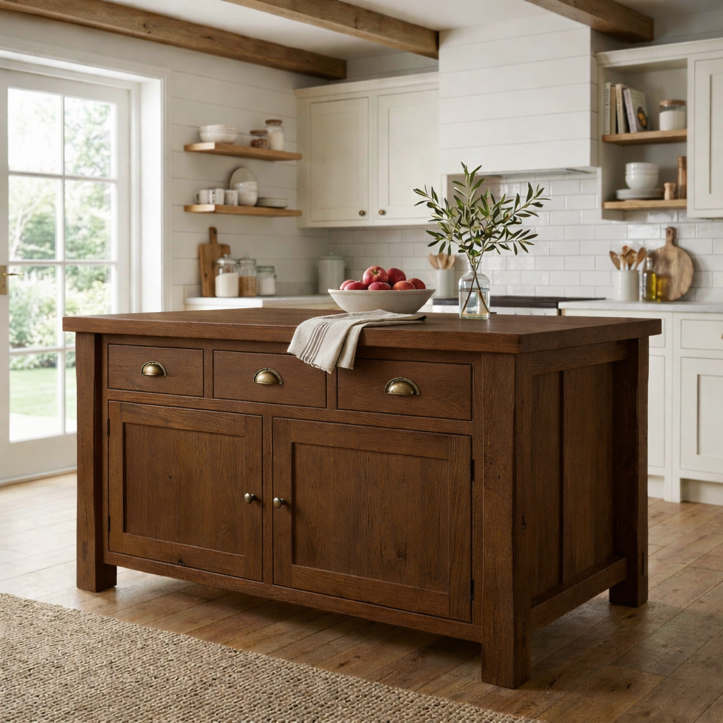 Solid Wood Farmhouse Kitchen Island with 3 Drawers and Double Cabinet Storage