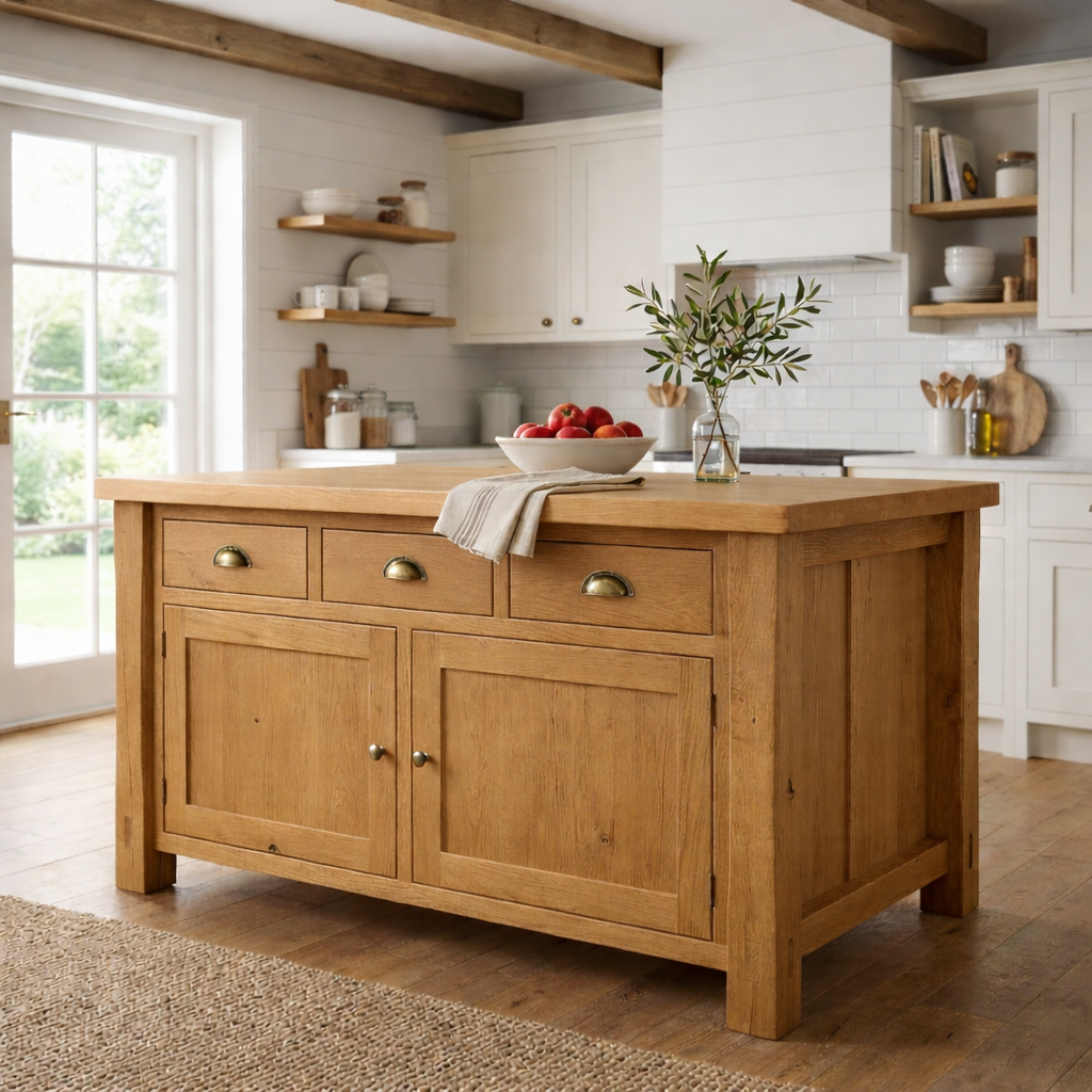 Solid Wood Farmhouse Kitchen Island with 3 Drawers and Double Cabinet Storage