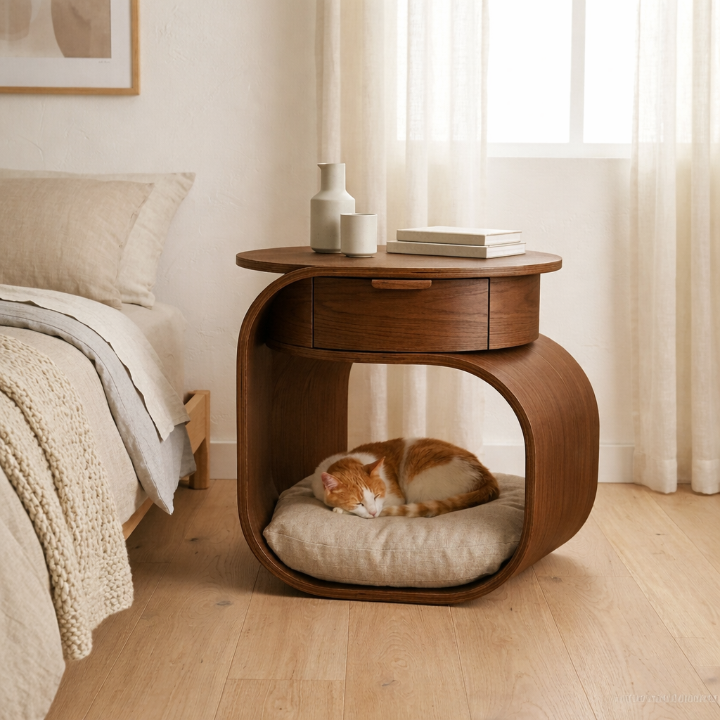 Solid Wood Nightstand with Built-in Cat Bed – Modern Curved Pet Friendly Bedside Table