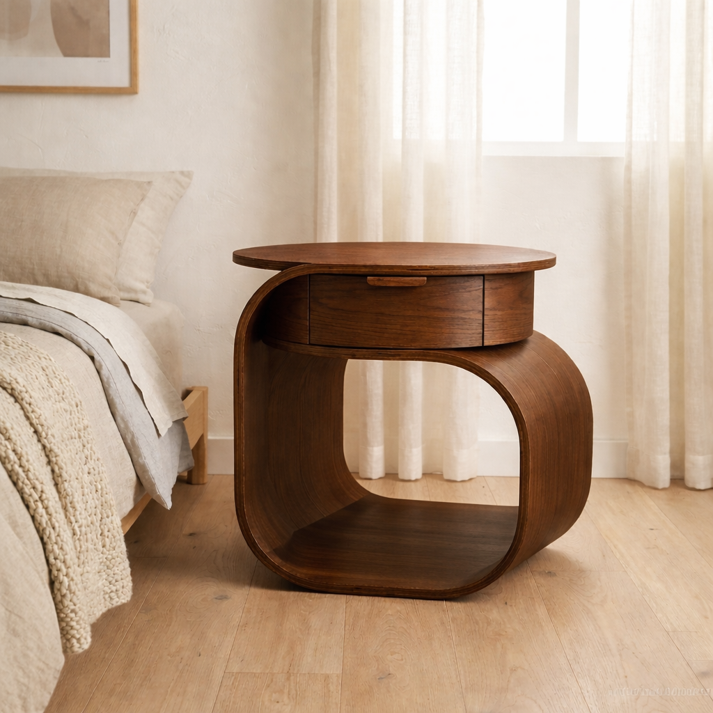 Solid Wood Nightstand with Built-in Cat Bed – Modern Curved Pet Friendly Bedside Table