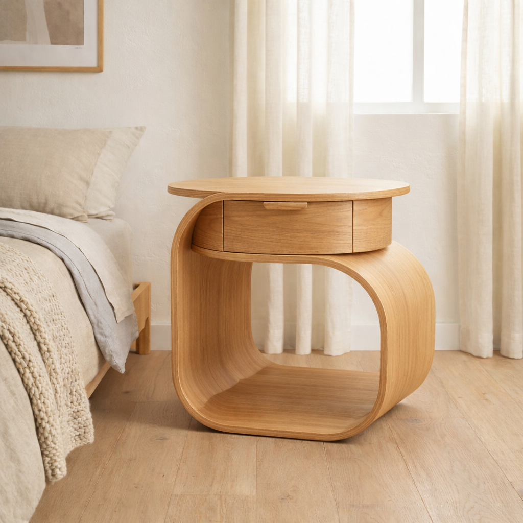 Solid Wood Nightstand with Built-in Cat Bed – Modern Curved Pet Friendly Bedside Table