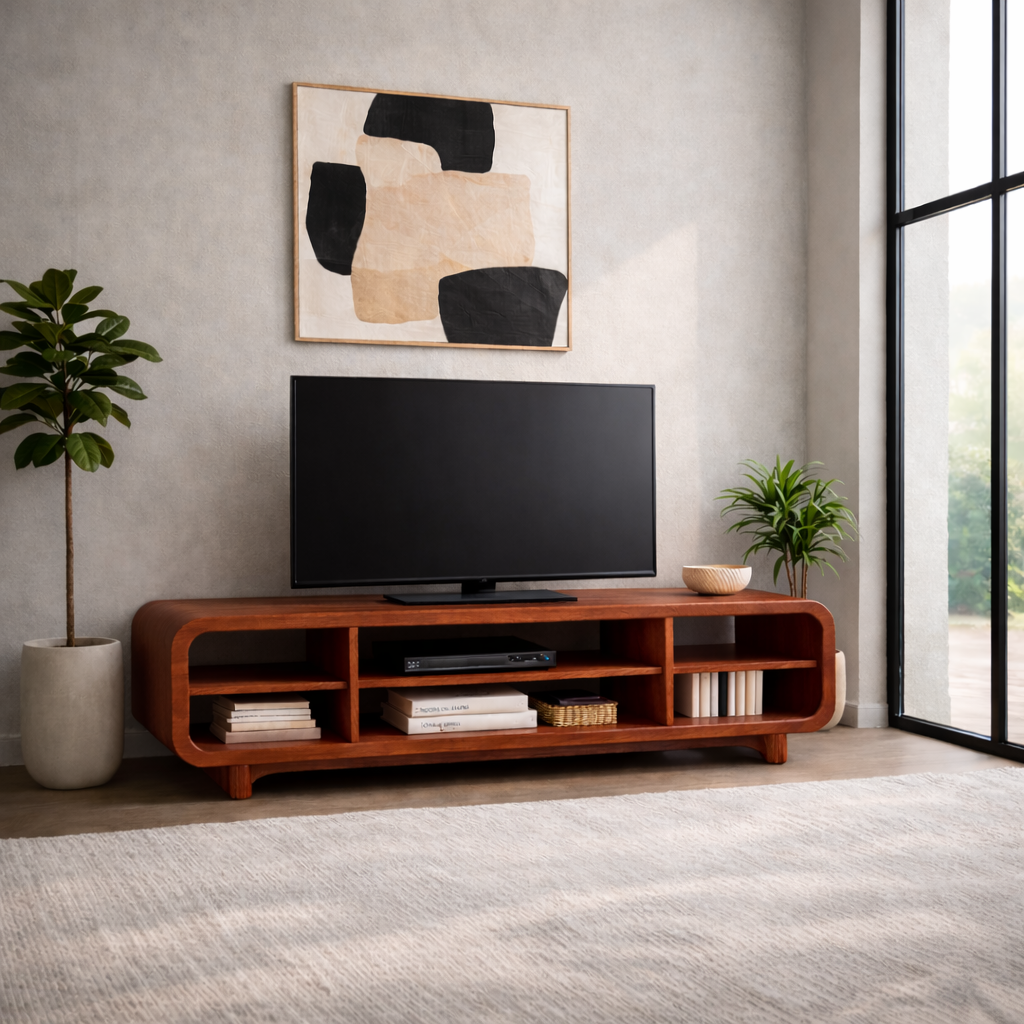 Curved Solid Wood TV Stand with Open Shelves – Modern Minimalist Media Console