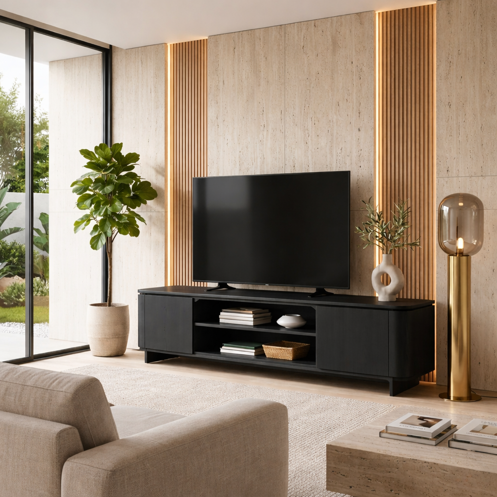 Modern Solid Wood TV Stand with Cabinets and Open Shelf – Low Profile Media Console