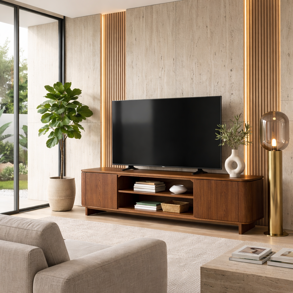 Modern Solid Wood TV Stand with Cabinets and Open Shelf – Low Profile Media Console