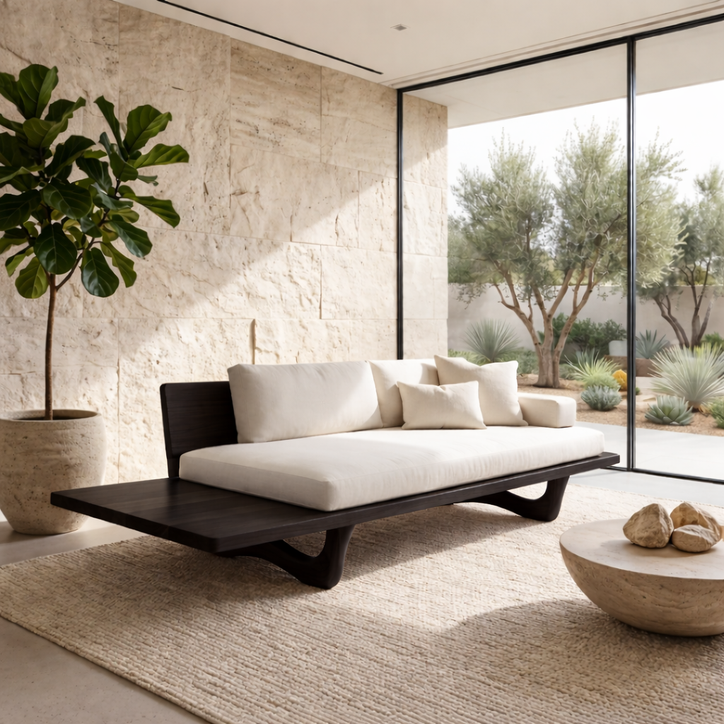 Solid Wood Platform Sofa Frame with Curved Base – Modern Minimalist Wood Sofa