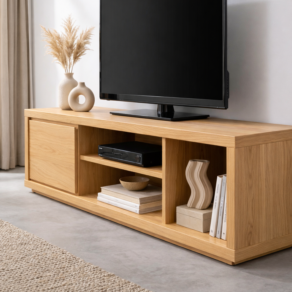 Solid Wood TV Stand with Sliding Door and Open Shelves – Modern Media Console
