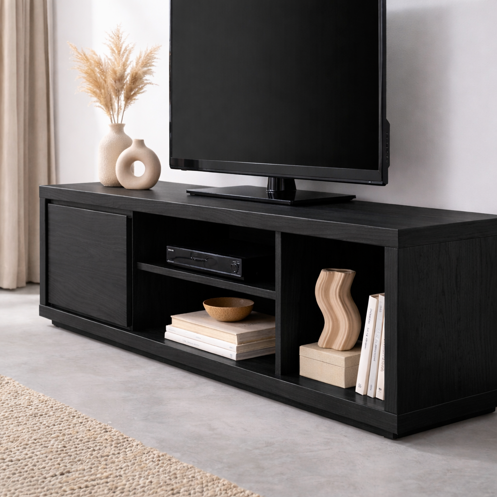 Solid Wood TV Stand with Sliding Door and Open Shelves – Modern Media Console