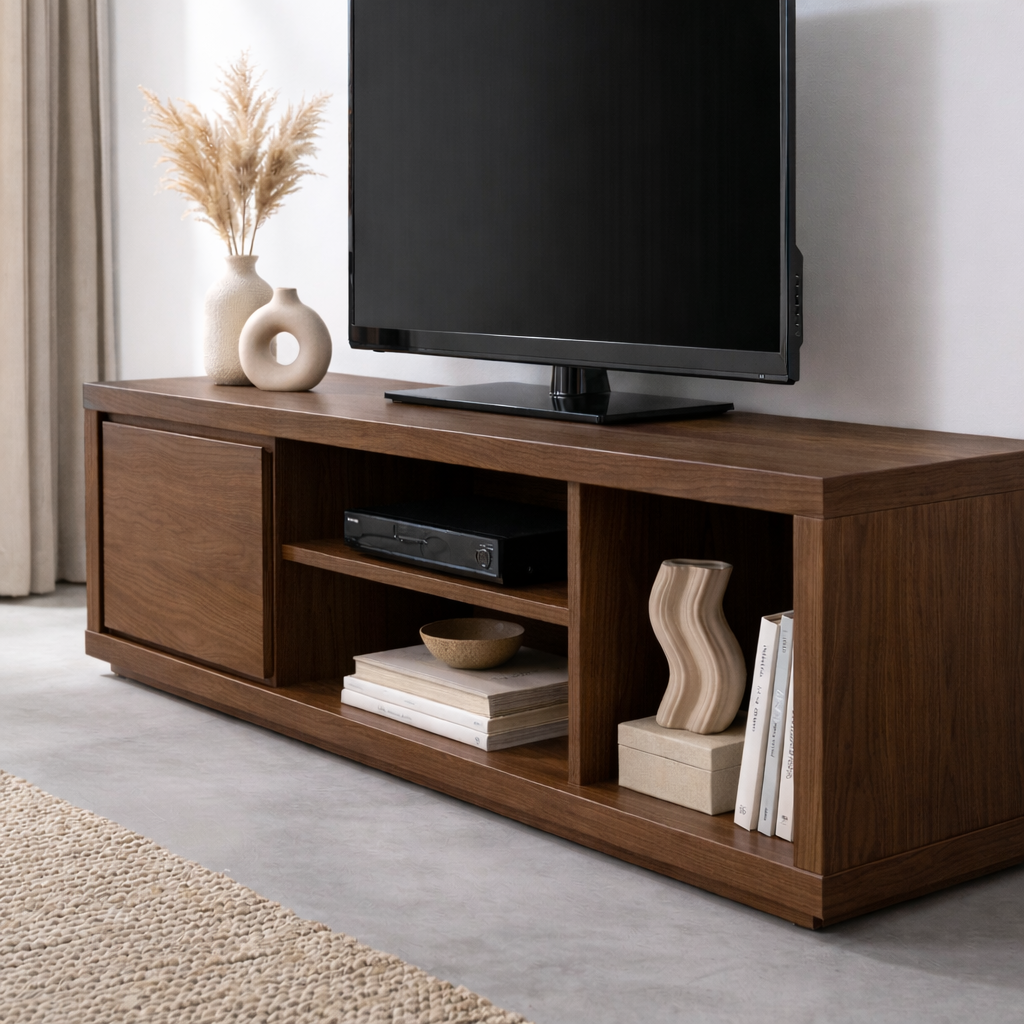Solid Wood TV Stand with Sliding Door and Open Shelves – Modern Media Console