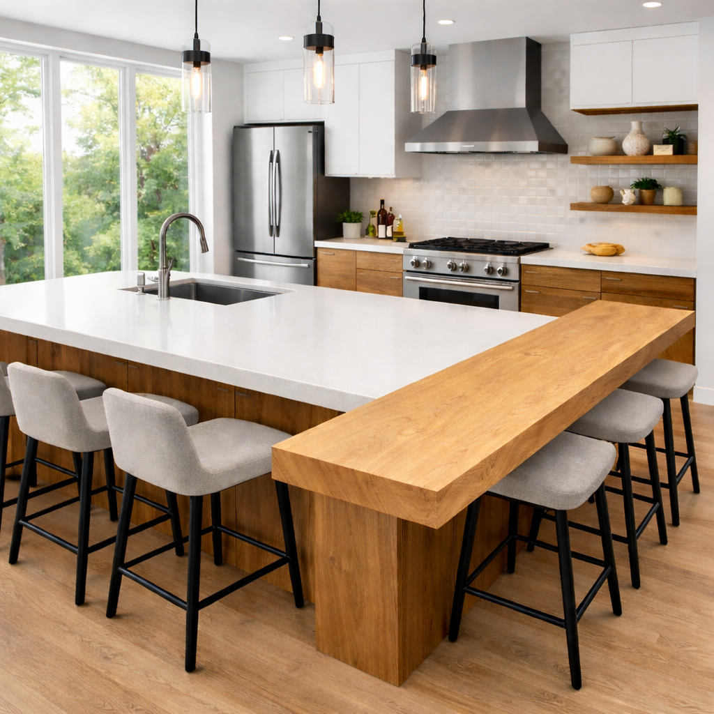 Solid Wood Kitchen Countertop with Overhang – Island Bar Top for Modern Kitchen Seating