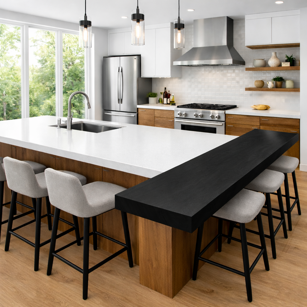 Solid Wood Kitchen Countertop with Overhang – Island Bar Top for Modern Kitchen Seating