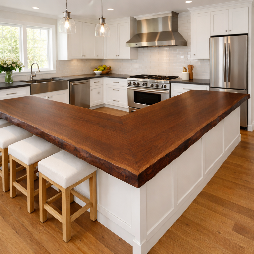 Solid Wood Live Edge Kitchen Countertop – L-Shaped Island Bar Top