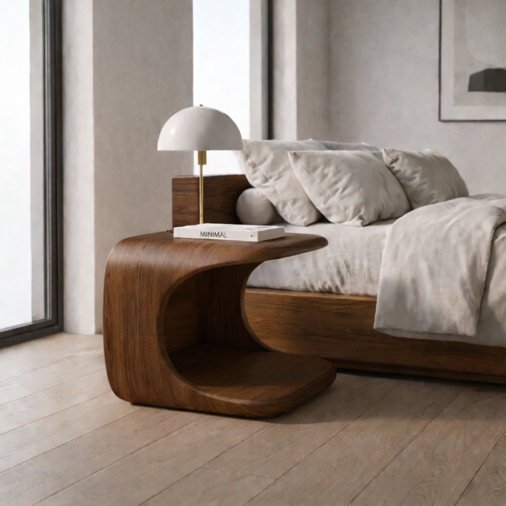Solid Wood Nightstand with Built-in Pet Bed – Modern Curved Bedside Table for Cats