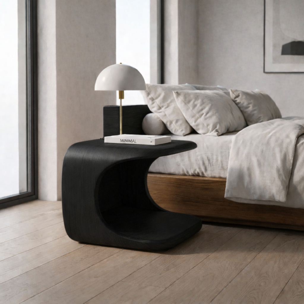Solid Wood Nightstand with Built-in Pet Bed – Modern Curved Bedside Table for Cats