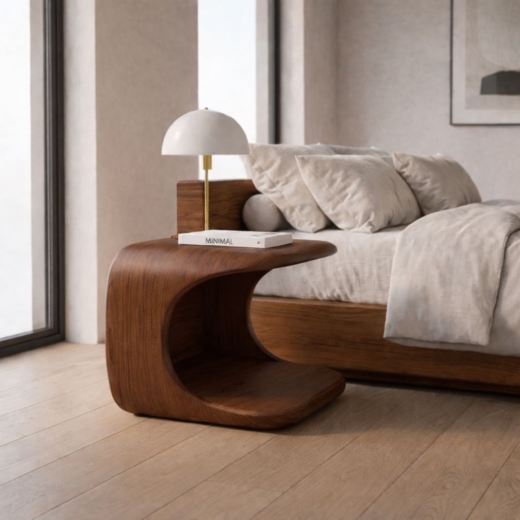Solid Wood Nightstand with Built-in Pet Bed – Modern Curved Bedside Table for Cats