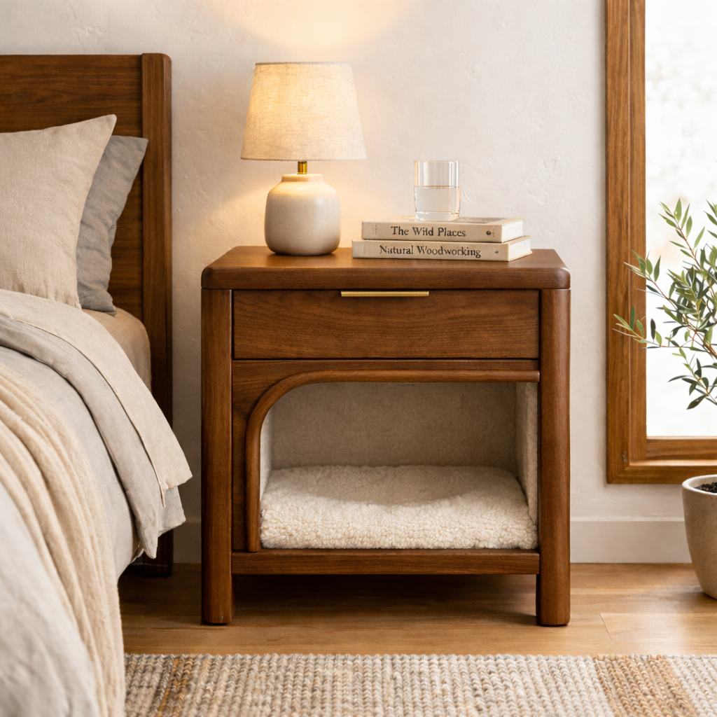 Solid Wood Nightstand with Built-in Cat Bed – Modern Bedside Table with Pet Sleeping Space