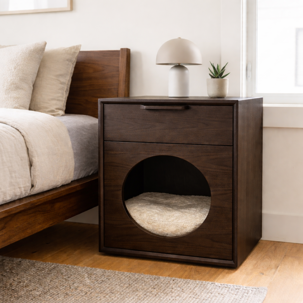 Solid Wood Nightstand with Built-in Cat Bed – Modern Bedside Table with Pet House