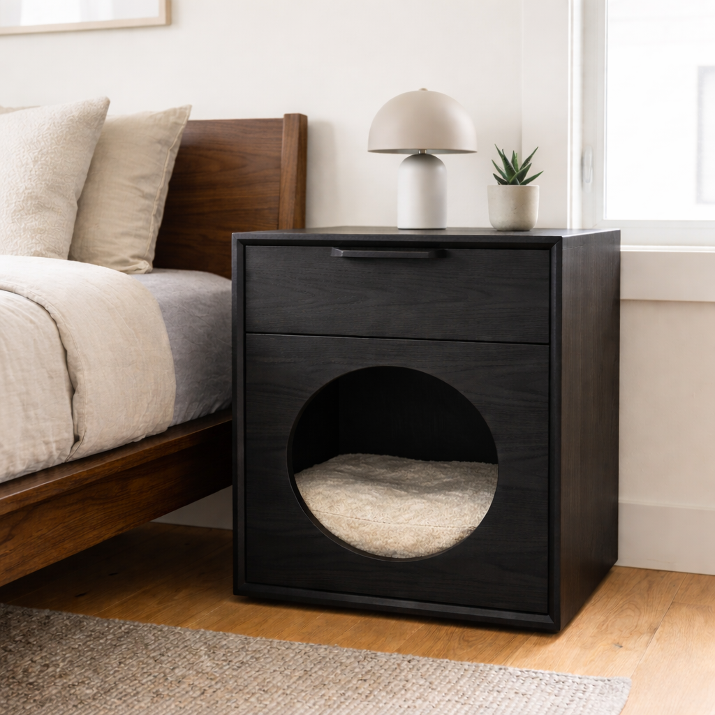 Solid Wood Nightstand with Built-in Cat Bed – Modern Bedside Table with Pet House