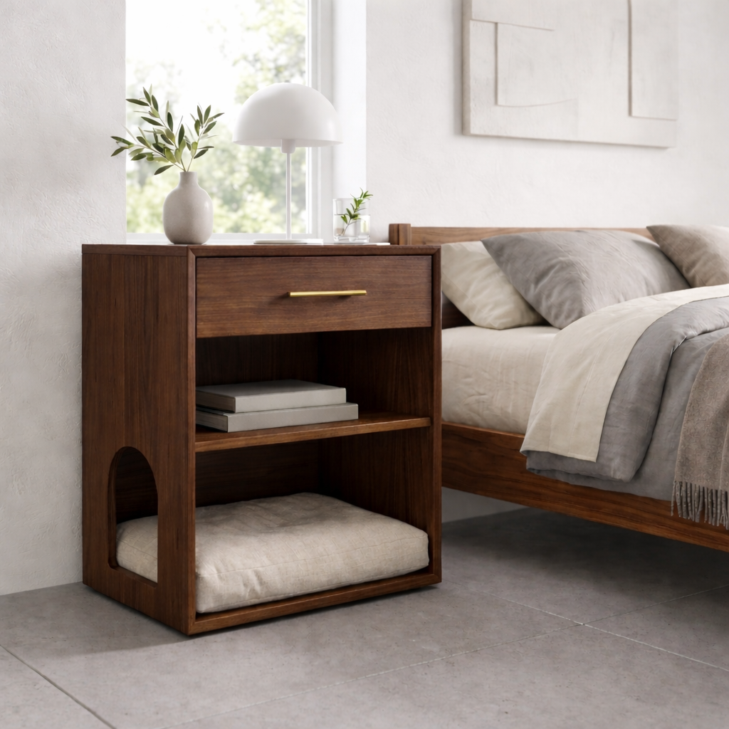 Solid Wood Bedside Table with Cat Sleeping Nook – Modern Nightstand with Drawer & Shelf