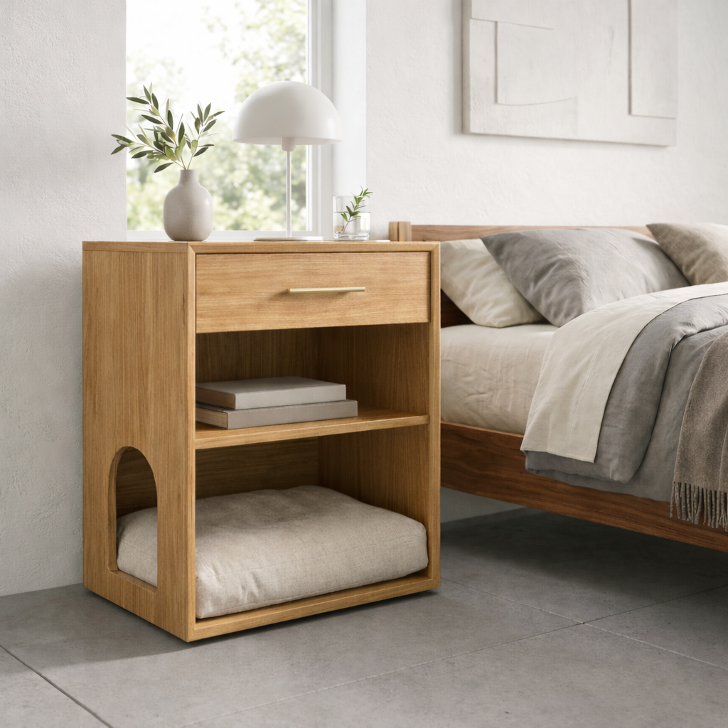 Solid Wood Bedside Table with Cat Sleeping Nook – Modern Nightstand with Drawer & Shelf