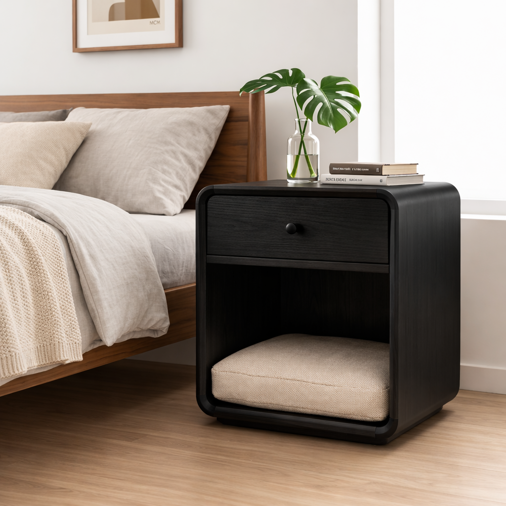 Solid Wood Nightstand with Pet Bed Space – Modern Bedside Table with Drawer
