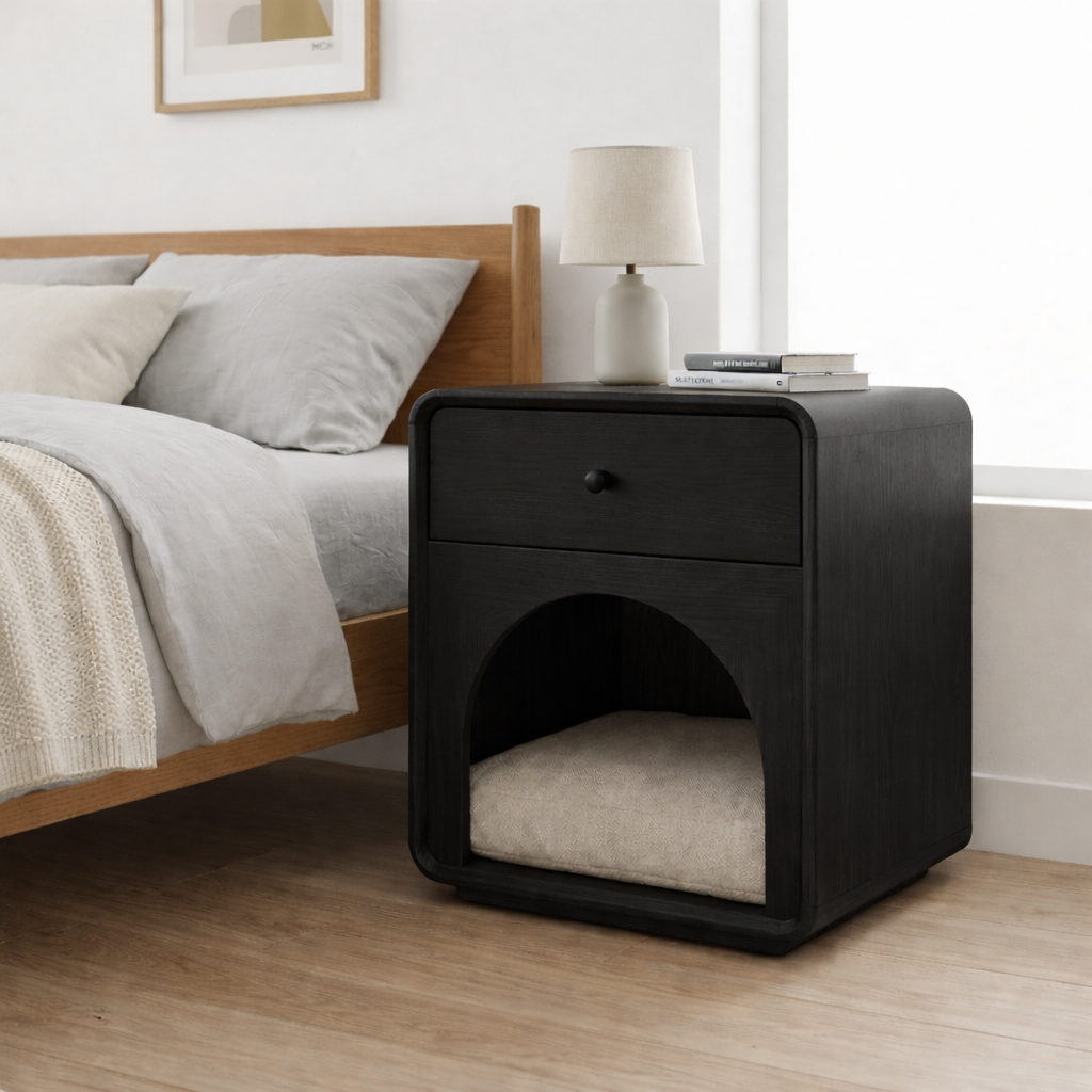 Solid Wood Nightstand with Cat Bed Nook – Modern Bedside Table with Drawer