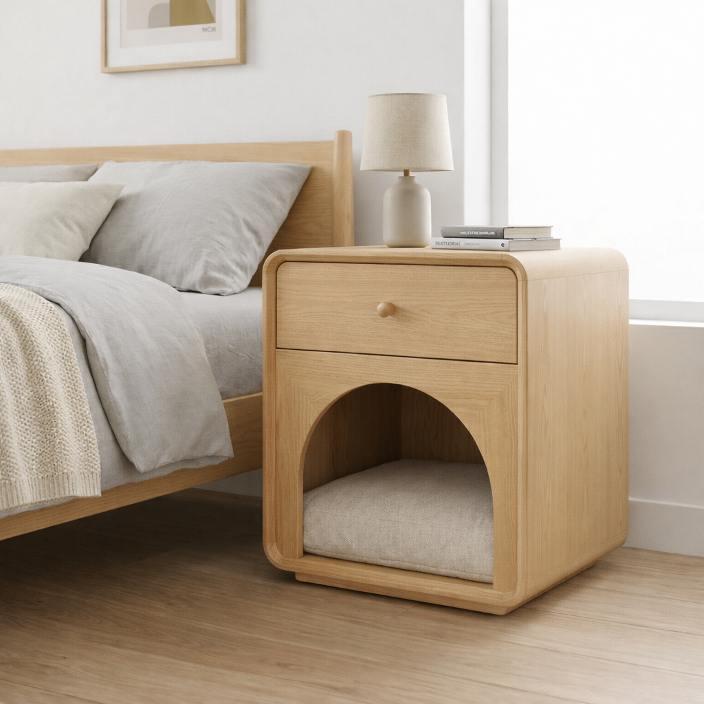 Solid Wood Nightstand with Cat Bed Nook – Modern Bedside Table with Drawer