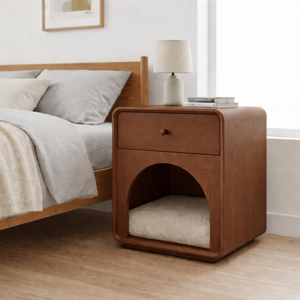 Solid Wood Nightstand with Cat Bed Nook – Modern Bedside Table with Drawer