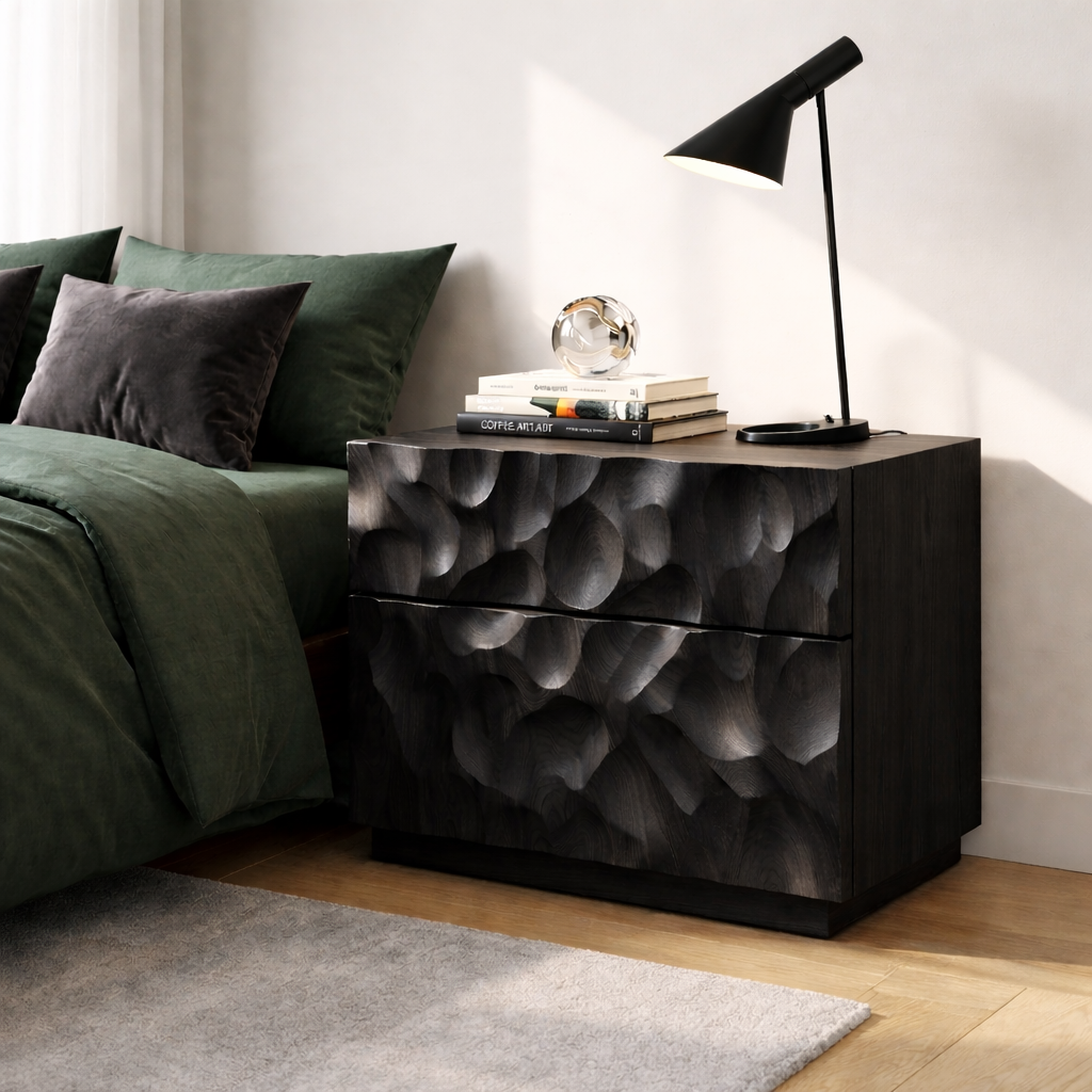 Solid Wood Nightstand with Hand-Carved Drawer Front – Modern Sculptural Bedside Table