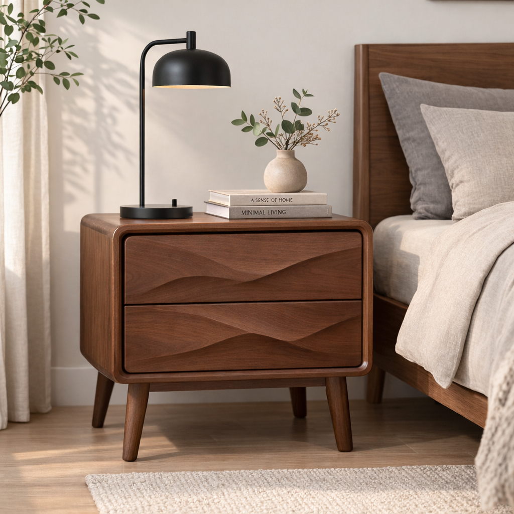 Mid-Century Solid Wood Nightstand with Wave Carved Drawers – Modern Bedside Table