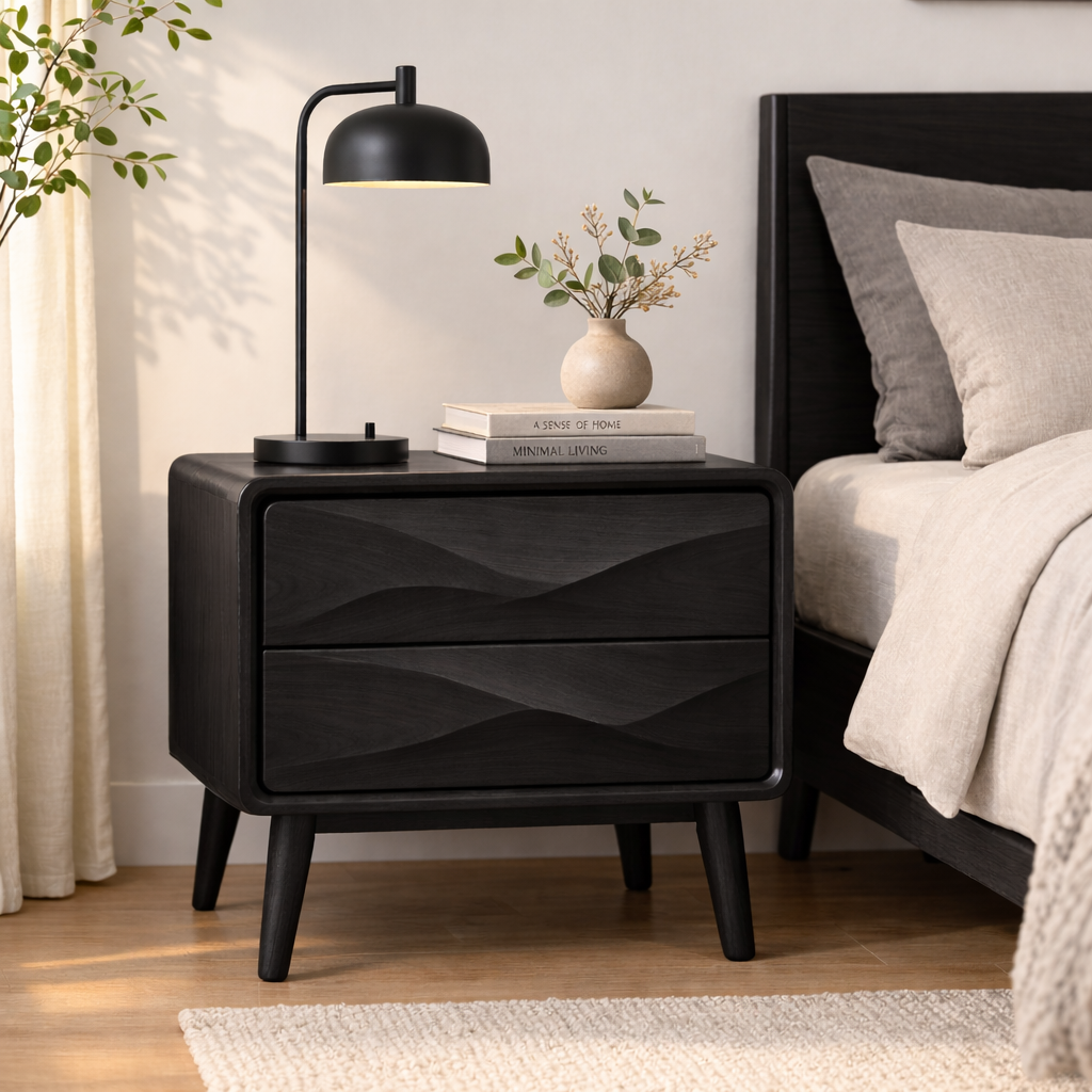 Mid-Century Solid Wood Nightstand with Wave Carved Drawers – Modern Bedside Table