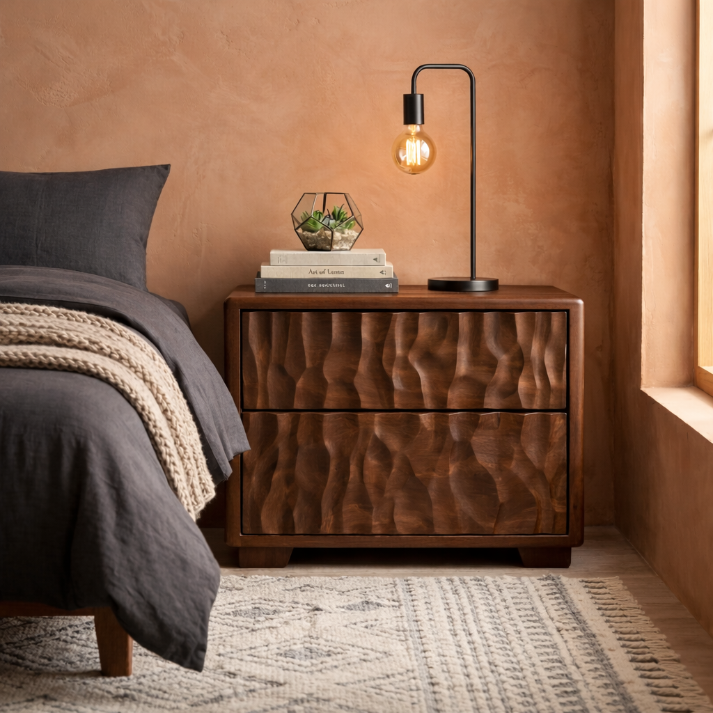 Solid Wood Nightstand with Textured Carved Drawers – Modern Rustic Bedside Table