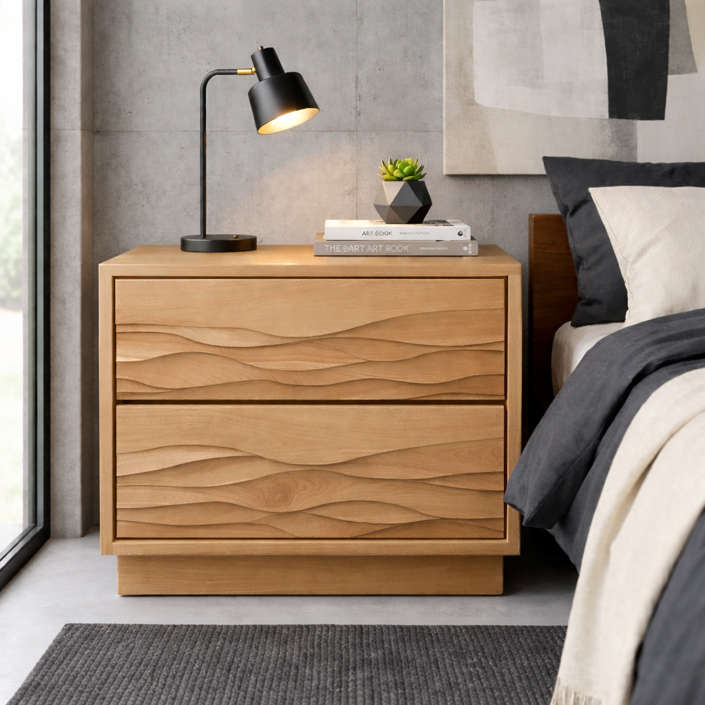 Solid Wood Nightstand with Wave Carved Drawers – Modern Rustic Bedside Table with Storage