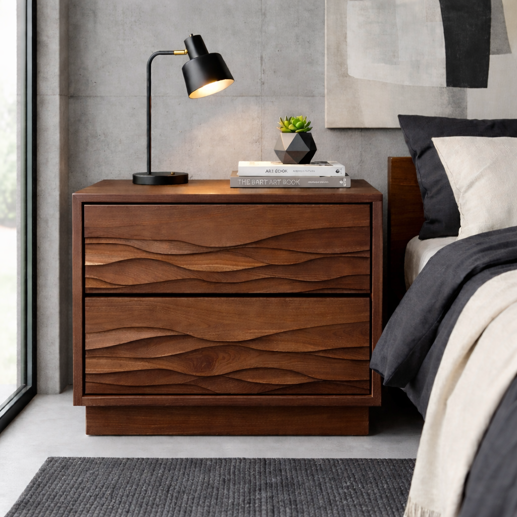 Solid Wood Nightstand with Wave Carved Drawers – Modern Rustic Bedside Table with Storage