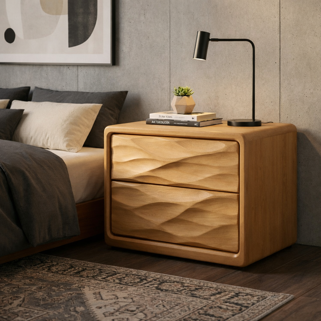 Solid Wood Nightstand with Wave Carved Drawers – Modern Walnut Bedside Table with Storage
