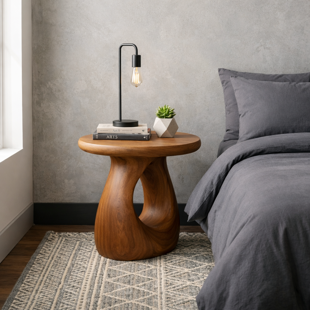 Solid Wood Round Nightstand – Sculptural Modern Bedside Table with Natural Wood Grain