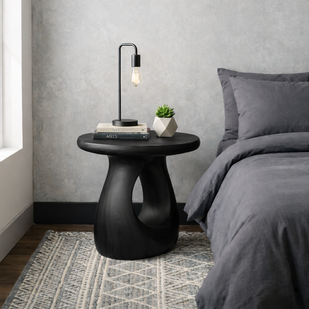 Solid Wood Round Nightstand – Sculptural Modern Bedside Table with Natural Wood Grain