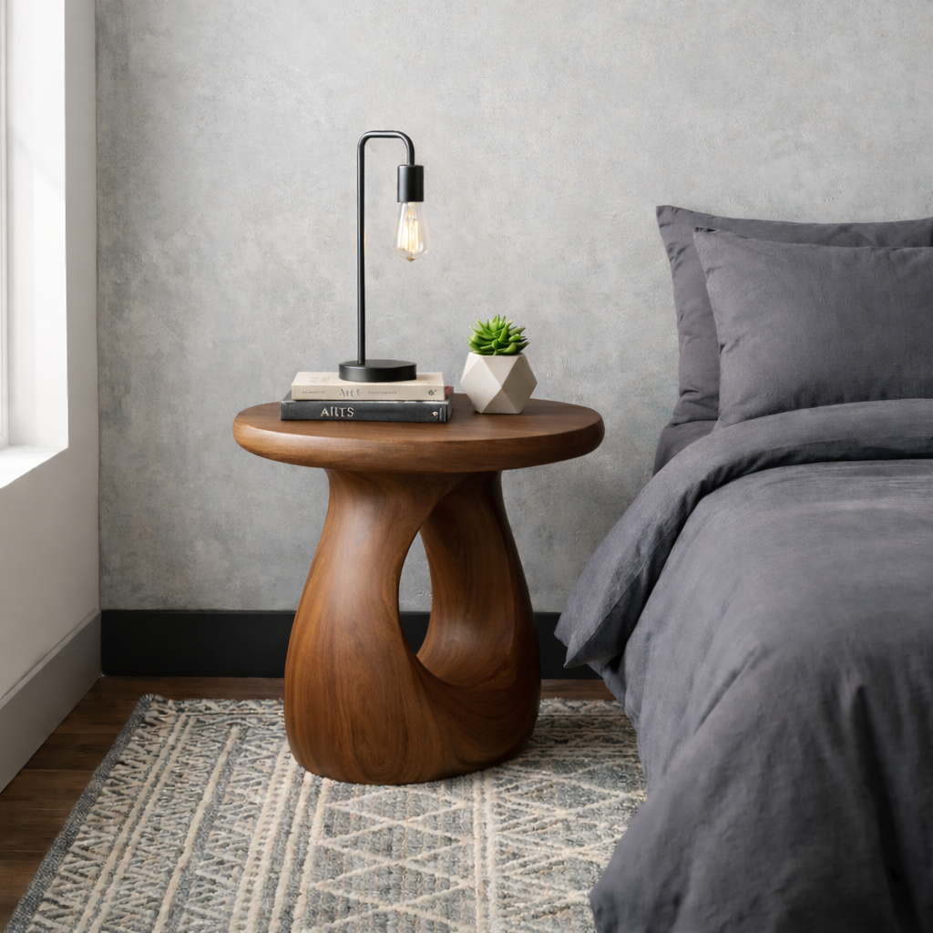 Solid Wood Round Nightstand – Sculptural Modern Bedside Table with Natural Wood Grain