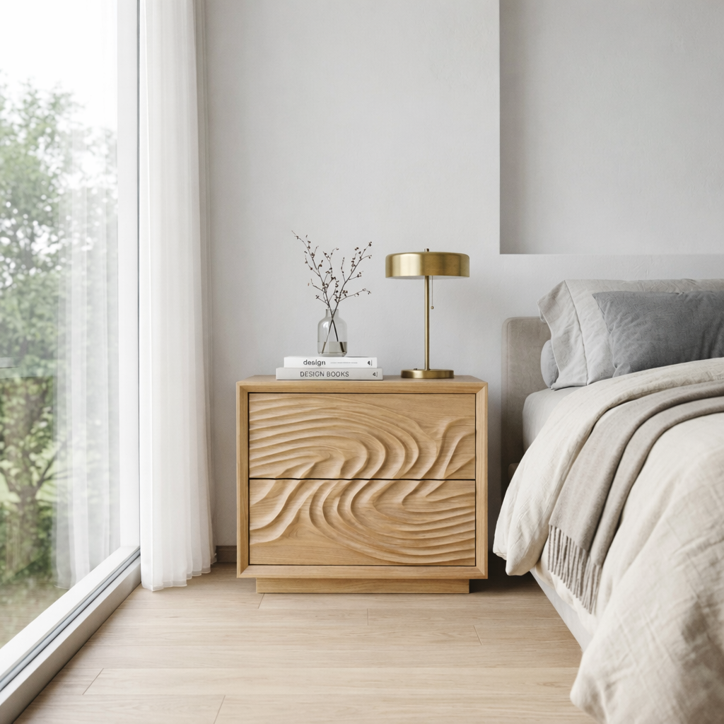 Solid Wood Nightstand with Sculpted Wave Drawers – Modern Carved Bedside Table