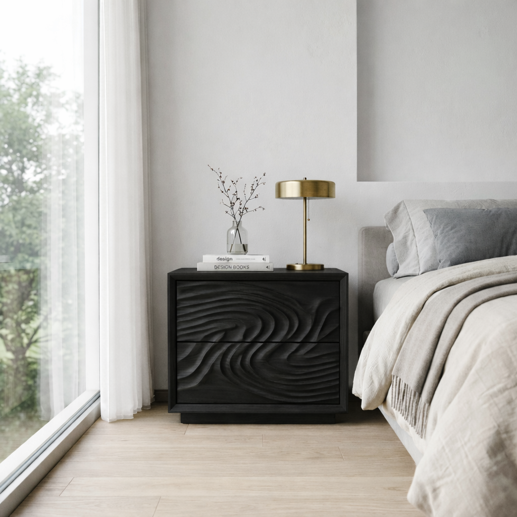 Solid Wood Nightstand with Sculpted Wave Drawers – Modern Carved Bedside Table