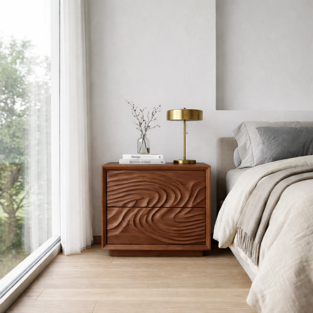 Solid Wood Nightstand with Sculpted Wave Drawers – Modern Carved Bedside Table