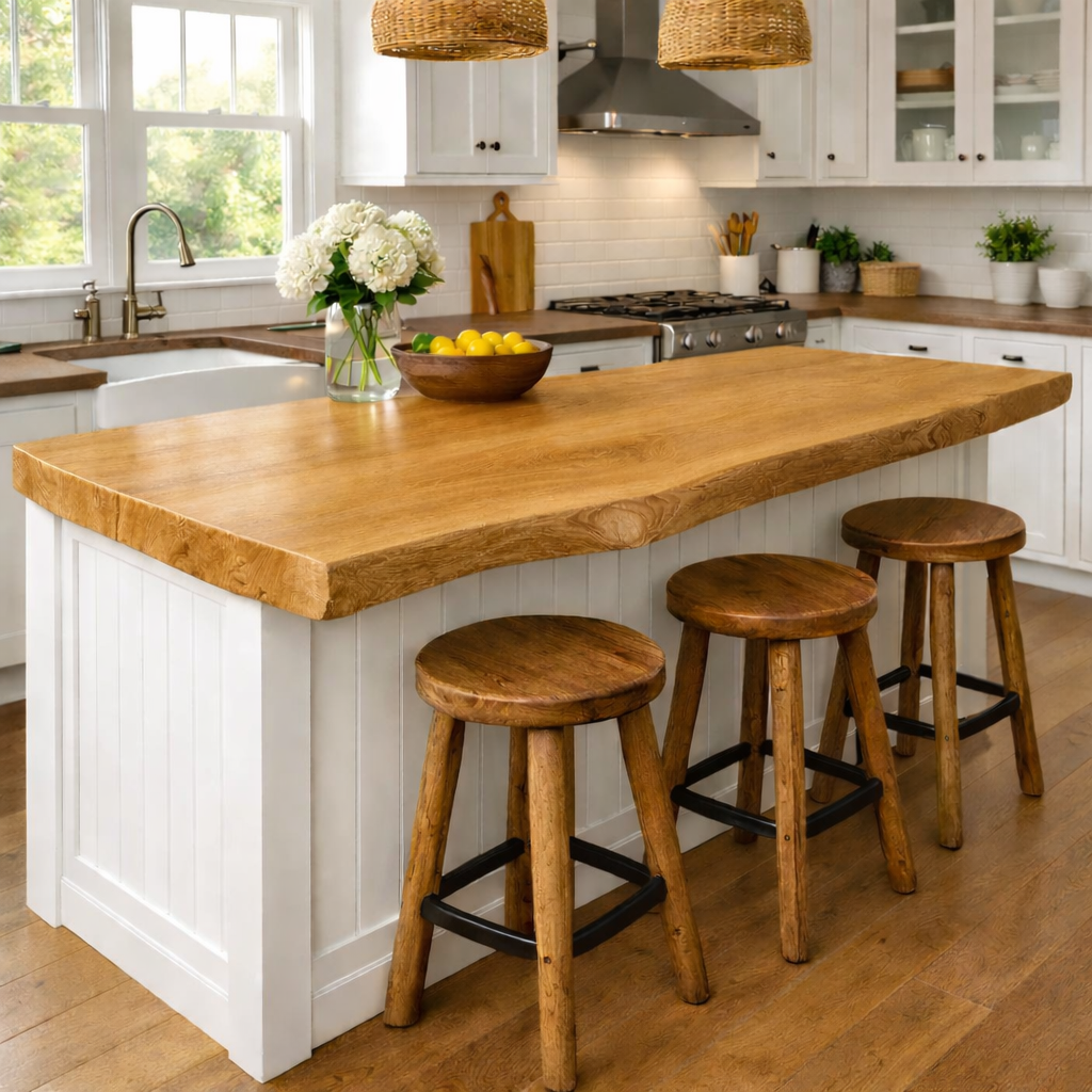 Solid Wood Kitchen Countertop – Live Edge Island Top with Bar Seating