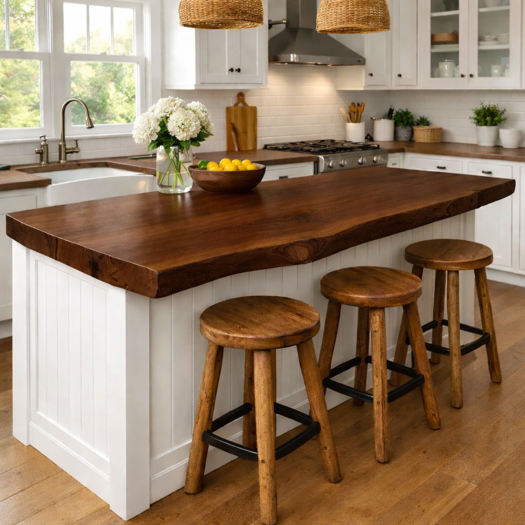 Solid Wood Kitchen Countertop – Live Edge Island Top with Bar Seating