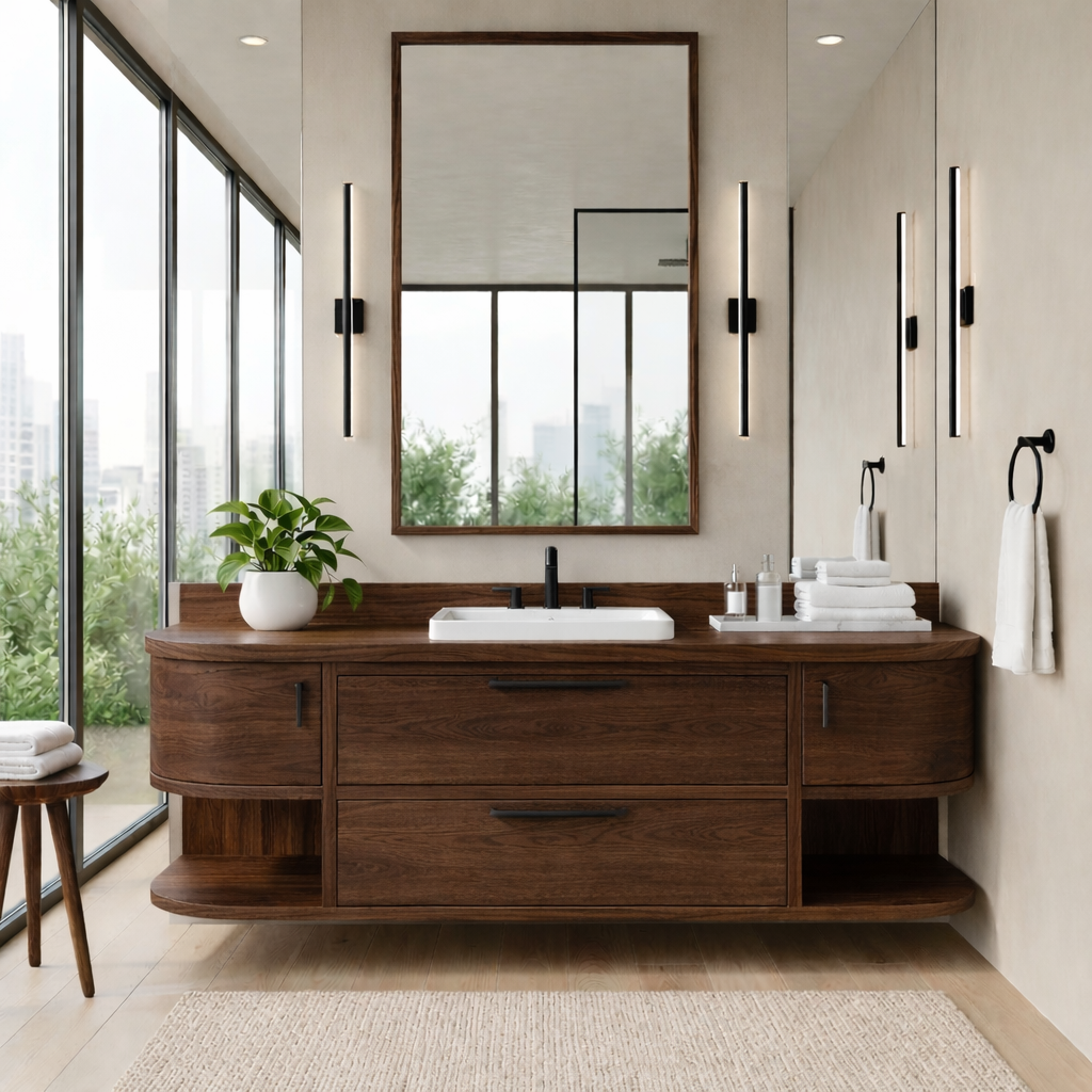 Handcrafted Floating Vanity with Open Shelving - Solid Wood Curved Bathroom Cabinet