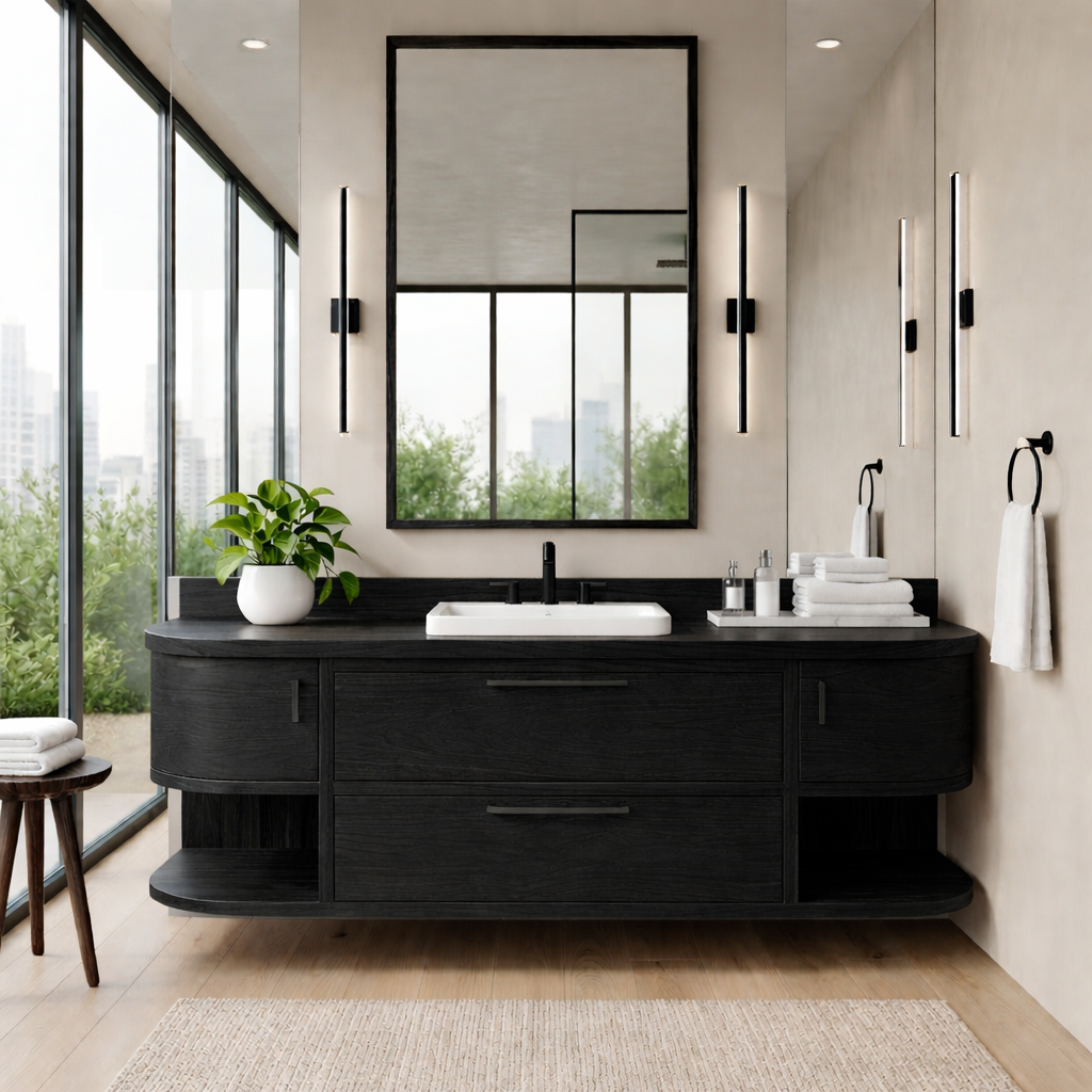 Handcrafted Floating Vanity with Open Shelving - Solid Wood Curved Bathroom Cabinet