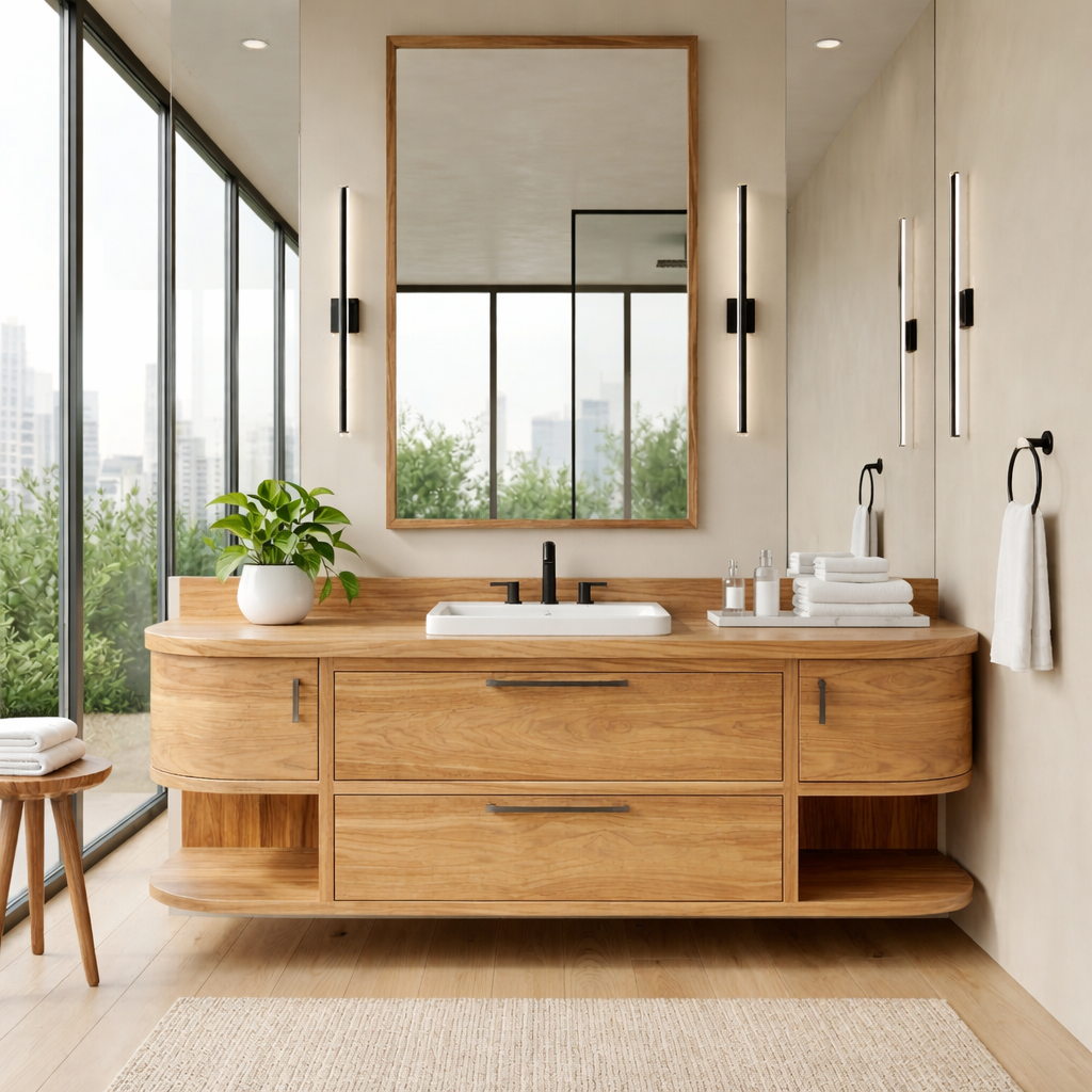 Handcrafted Floating Vanity with Open Shelving - Solid Wood Curved Bathroom Cabinet