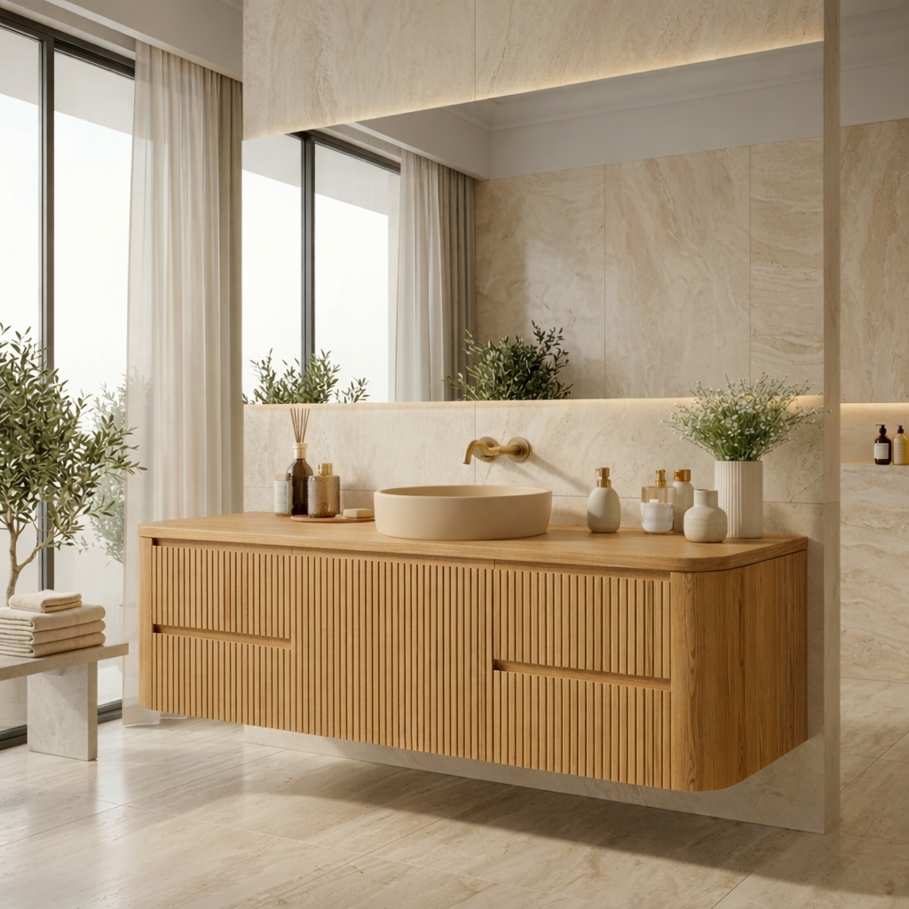 Floating Bathroom Vanity with Ribbed Design and Spacious Drawers – Handcrafted Solid Wood