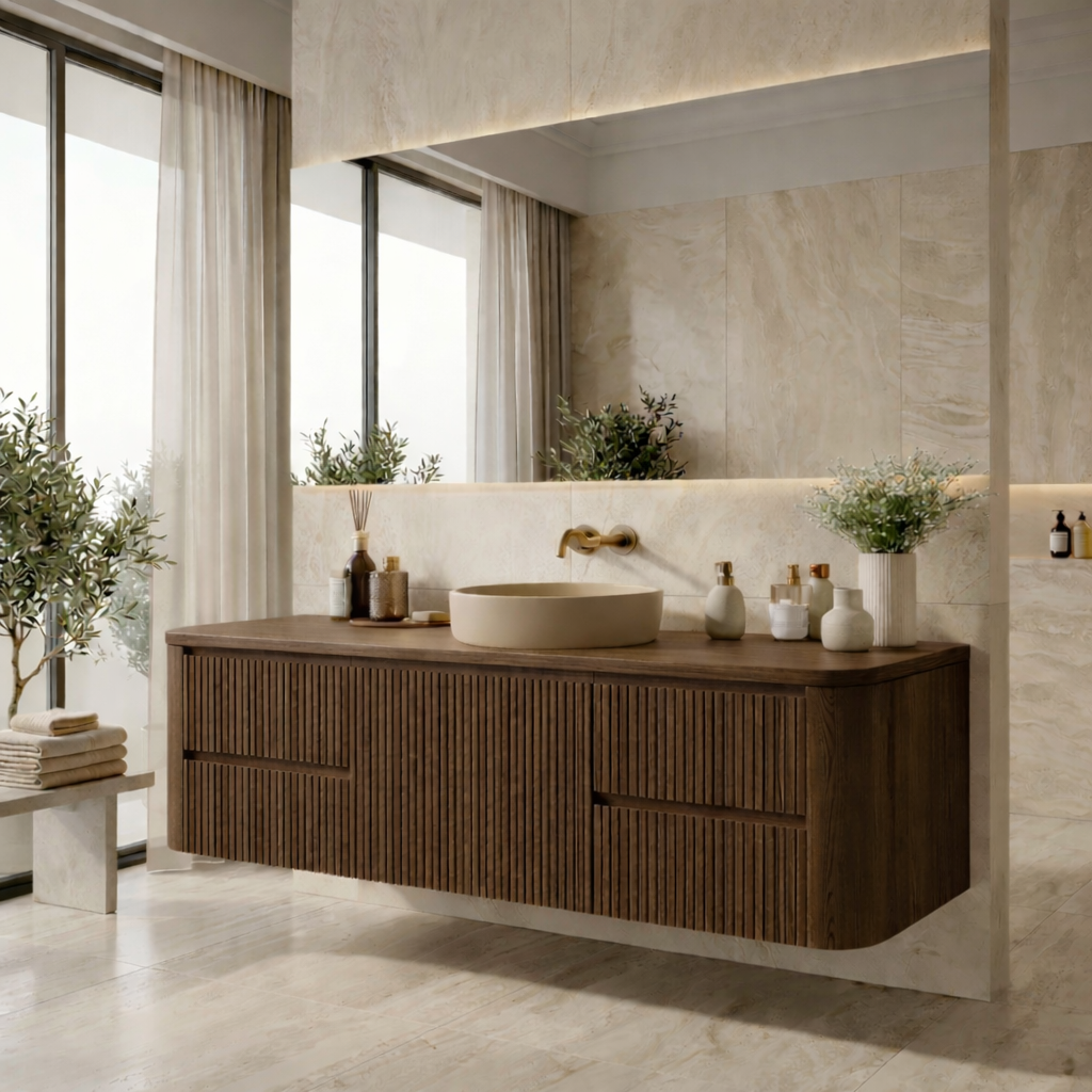 Floating Bathroom Vanity with Ribbed Design and Spacious Drawers – Handcrafted Solid Wood