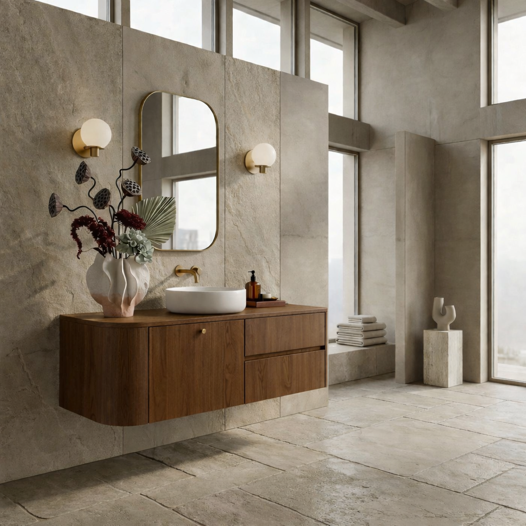 Floating Bathroom Vanity with Curved Edges and Spacious Drawers – Handcrafted Solid Wood Design