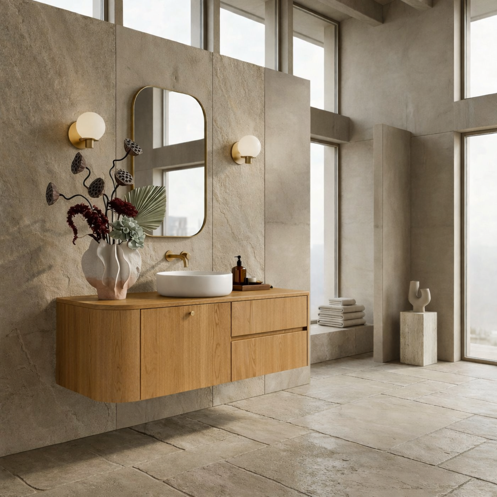 Floating Bathroom Vanity with Curved Edges and Spacious Drawers – Handcrafted Solid Wood Design